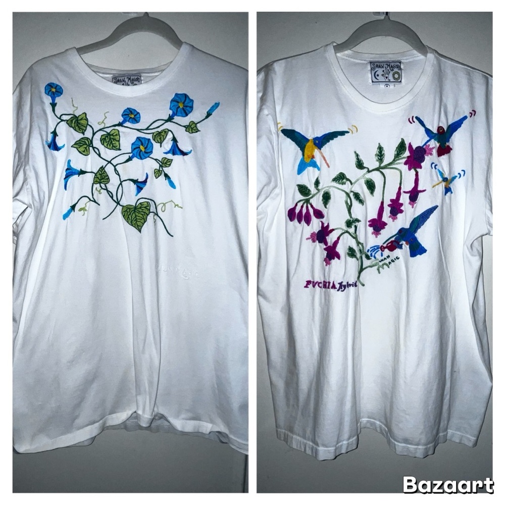 Vintage Swan Magic Embroidered Floral and Bird T-Shirts size M/L